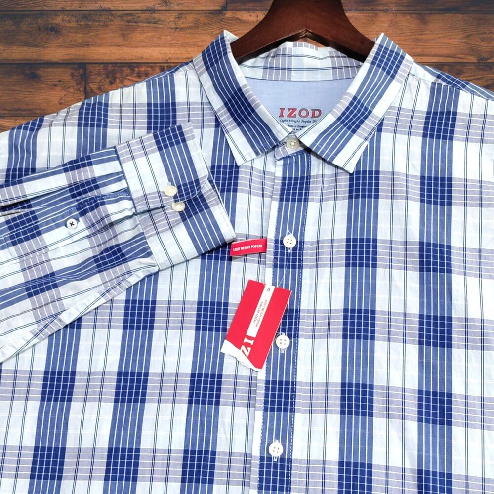 IZOD Light Weight Poplin Mens Shirt Size 2XL Blue Plaid Cotton Casual Preppy NWT